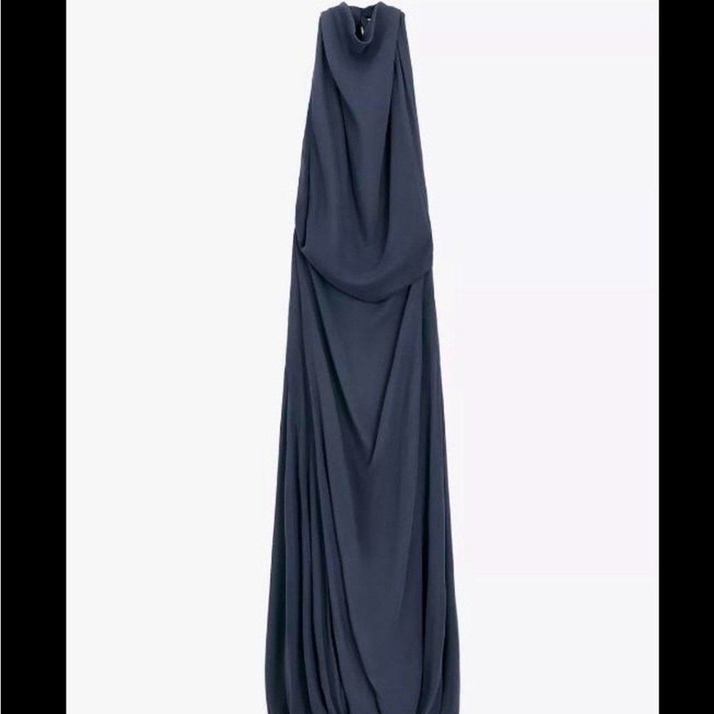 Navy Blue Draped Halter Backless Dress
